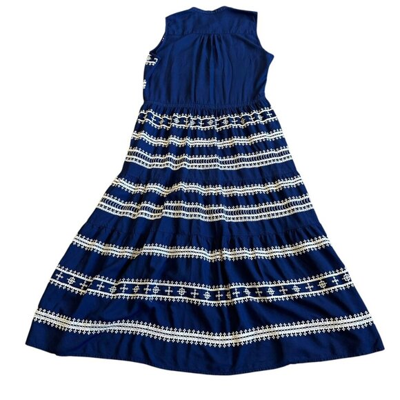 Roller Rabbit Sleeveless Navy Dress Embroidered Tiered Button-Down Size Medium - Picture 8 of 11